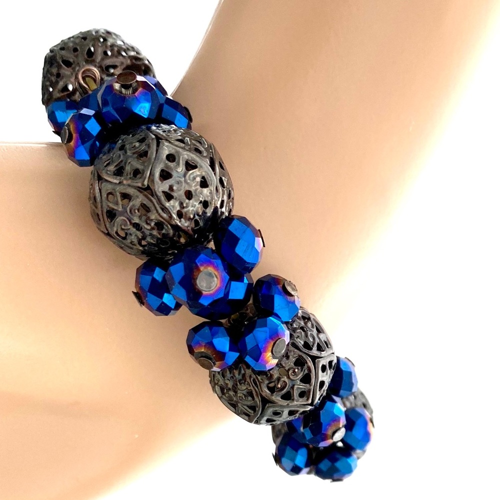 Stretch Blue Metallic Bead Filigree Metal Bracelet Iridescent